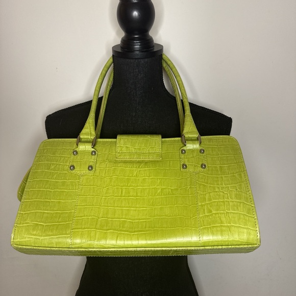 Lime Green Croc Embossed Shoulder Bag Y2K Retro 2000s Style Metal Ring Detail - Picture 5 of 8